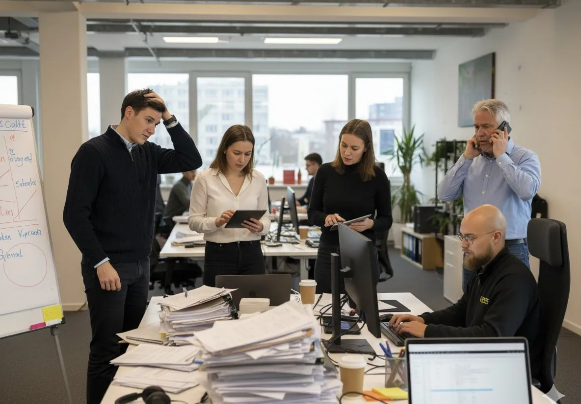 Besprechung an einem vollen Schreibtisch im Büro